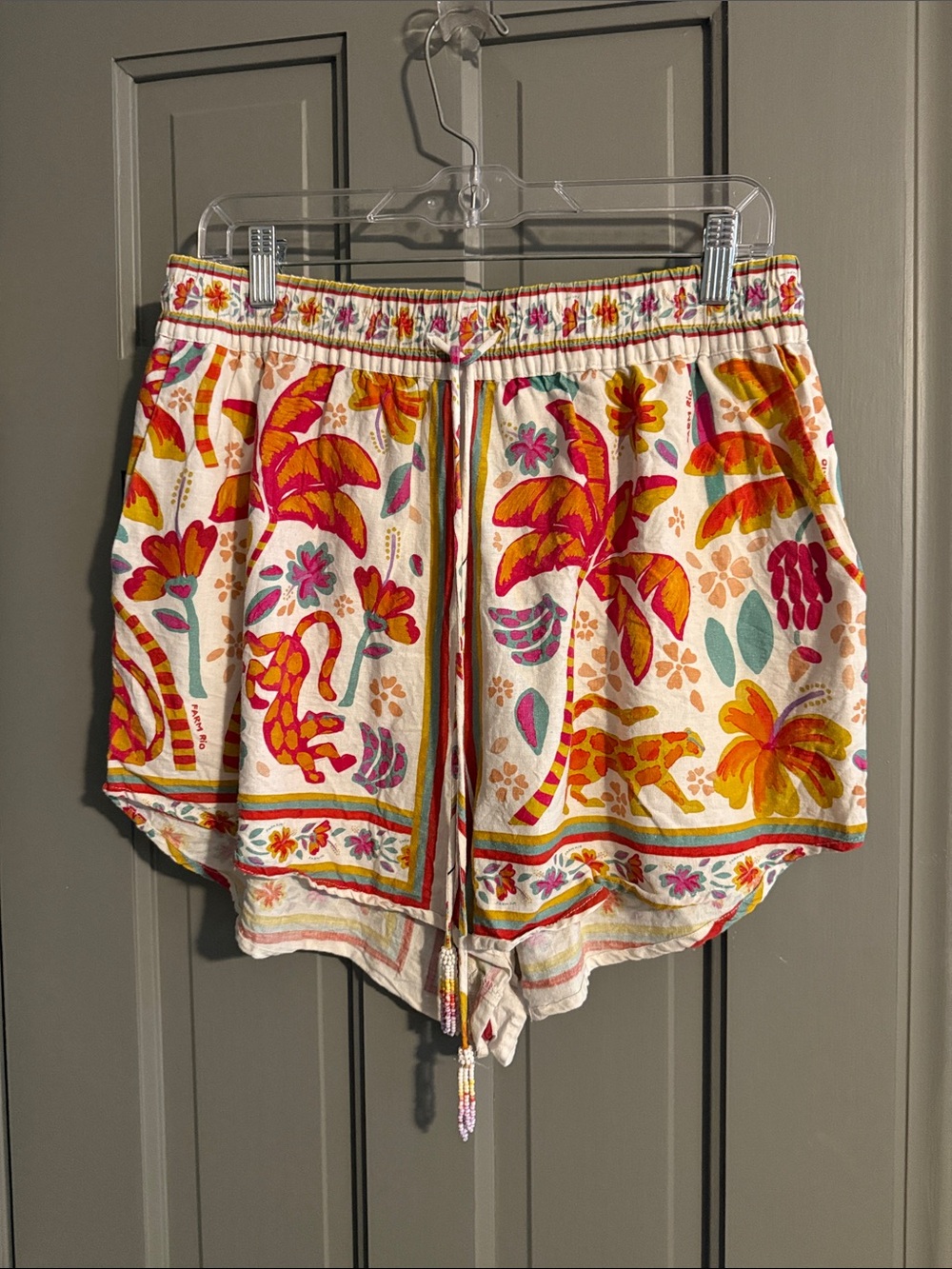 FARM Rio Cream Drawstring Tropical Shorts with Pink & Orange Accents
